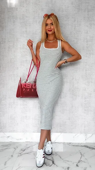 Bawełniana długa sukienka w paski ONE SIZE szara - P750A