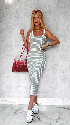 Bawełniana długa sukienka w paski ONE SIZE szara - P750A