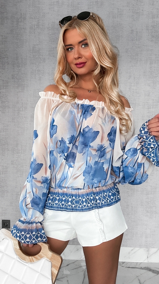 Stylowa bluzka hiszpanka w malowane kwiaty z gumkami BLUE - P286