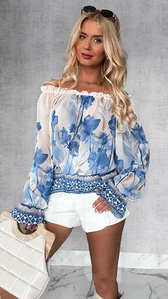 Stylowa bluzka hiszpanka w malowane kwiaty z gumkami BLUE - P286