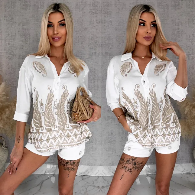 Idealna biała bluzka koszulowa haftowana na złoto ONE SIZE - R930