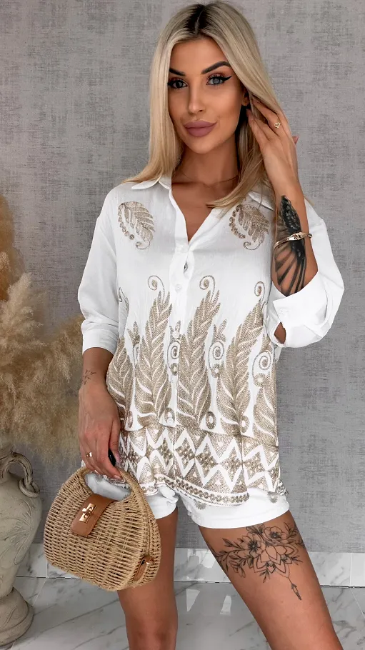 Idealna biała bluzka koszulowa haftowana na złoto ONE SIZE - R930