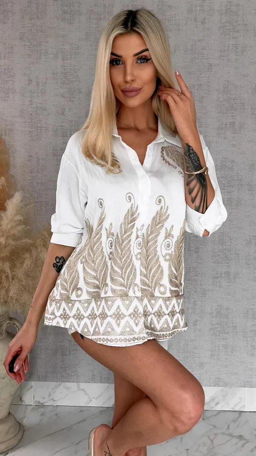 Idealna biała bluzka koszulowa haftowana na złoto ONE SIZE - R930