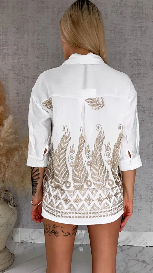 Idealna biała bluzka koszulowa haftowana na złoto ONE SIZE - R930