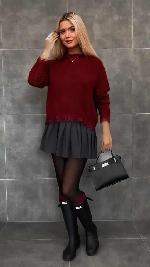 Elegancki bordowy sweter z koronką ONE SIZE - R338