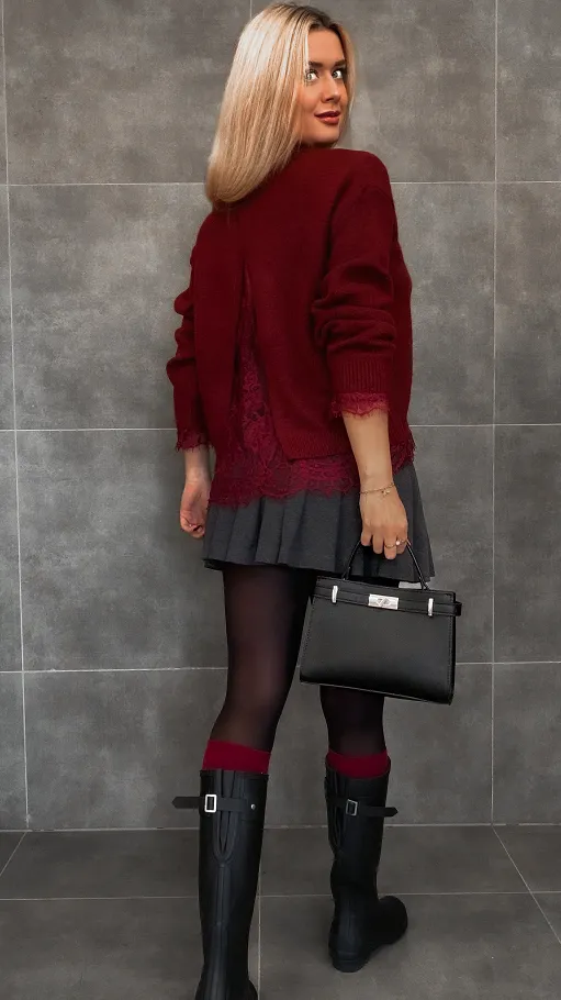 Elegancki bordowy sweter z koronką ONE SIZE - R338