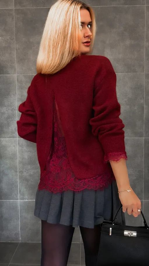 Elegancki bordowy sweter z koronką ONE SIZE - R338