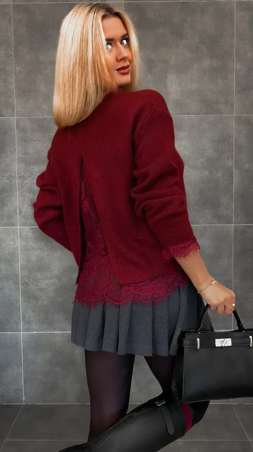 Elegancki bordowy sweter z koronką ONE SIZE - R338