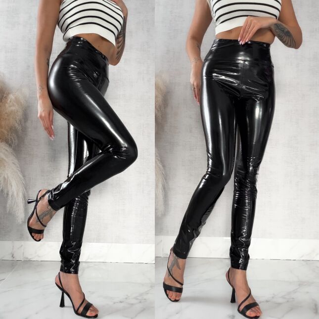 Czarne spodnie leginsy LATEX z szerokim pasem - R273