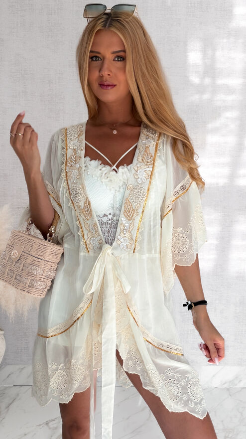 Bluzka plażowa wiązana w stylu boho 100% bawełna ECRU - S225