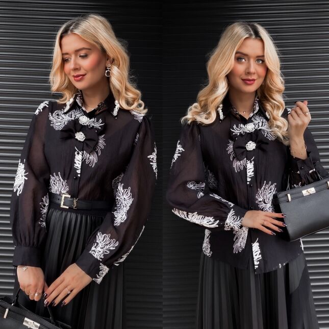 Czarna koszula haftowana w białe kwiaty z kokardkami ONE SIZE - R367