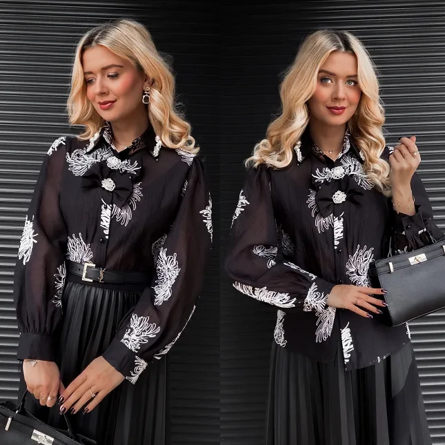 Czarna koszula haftowana w białe kwiaty z kokardkami ONE SIZE - R367