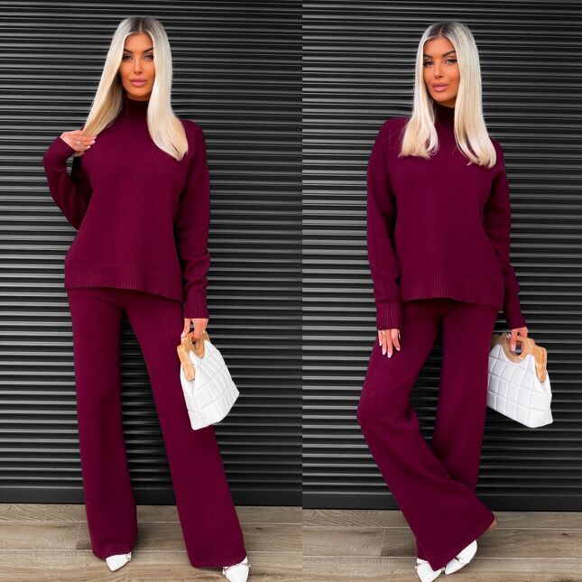Idealny jesienny komplet dzianinowy BORDO sweter + spodnie ONE SIZE - S463B