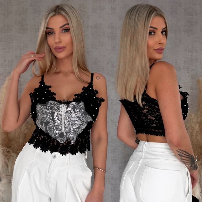 Ekstra koronkowy czarny TOP usztywniany i zdobiony ONE SIZE - R756A