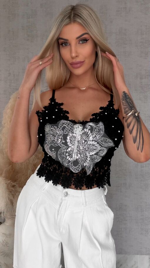 Ekstra koronkowy czarny TOP usztywniany i zdobiony ONE SIZE - R756A