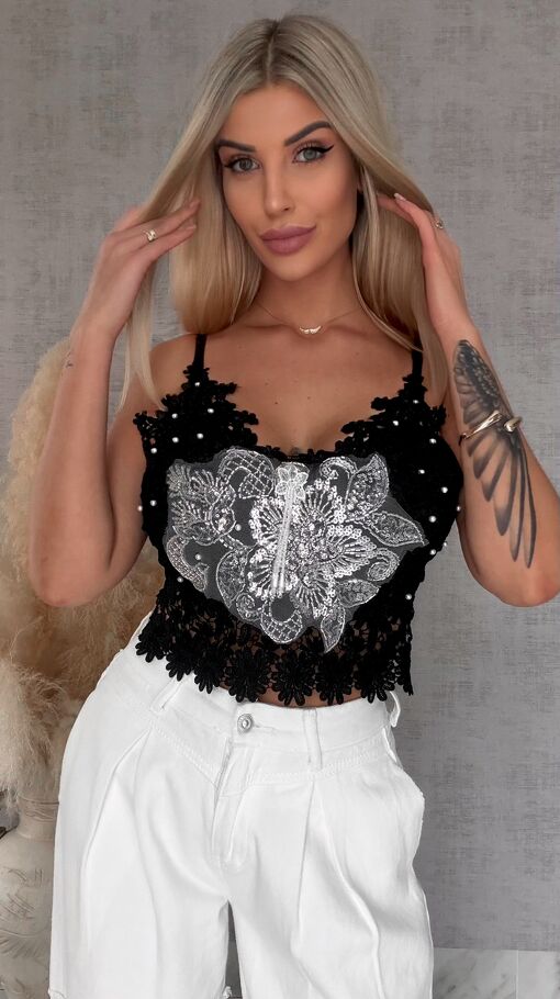 Ekstra koronkowy czarny TOP usztywniany i zdobiony ONE SIZE - R756A