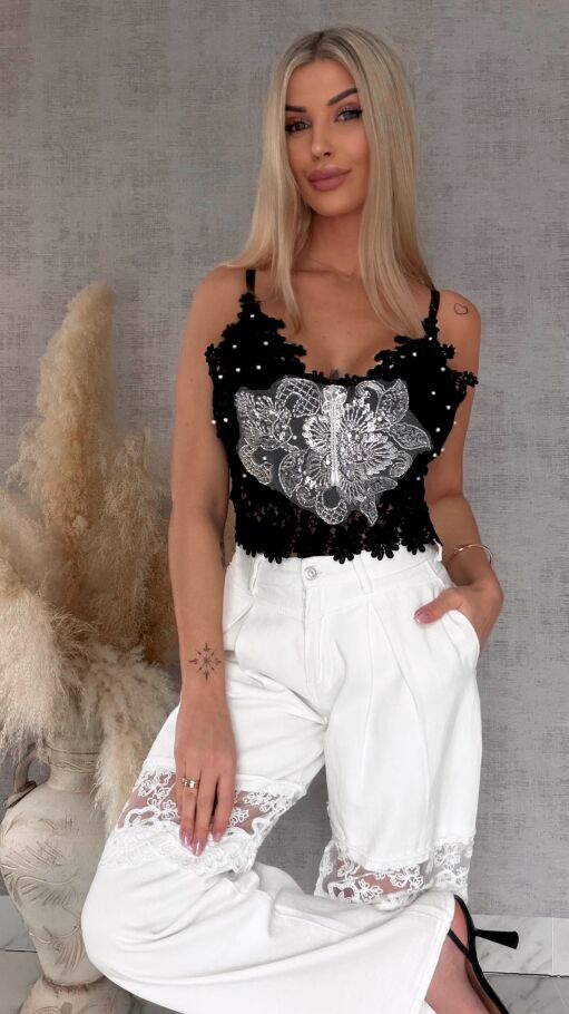Ekstra koronkowy czarny TOP usztywniany i zdobiony ONE SIZE - R756A