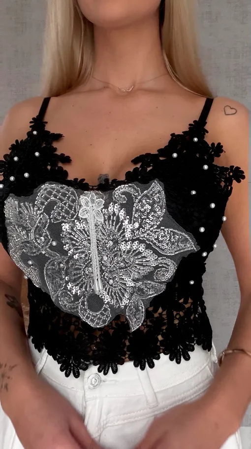 Ekstra koronkowy czarny TOP usztywniany i zdobiony ONE SIZE - R756A