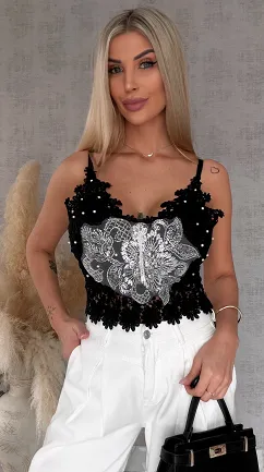 Ekstra koronkowy czarny TOP usztywniany i zdobiony ONE SIZE - R756A