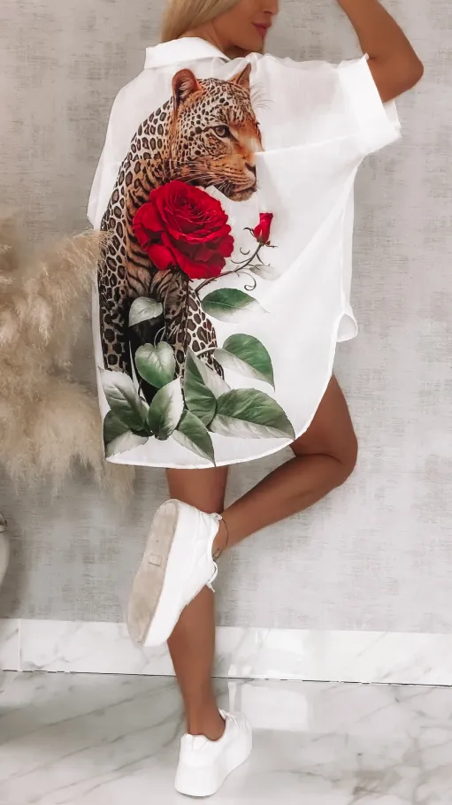 Asymetryczna biała koszula z panterą i różą ONE SIZE - R954