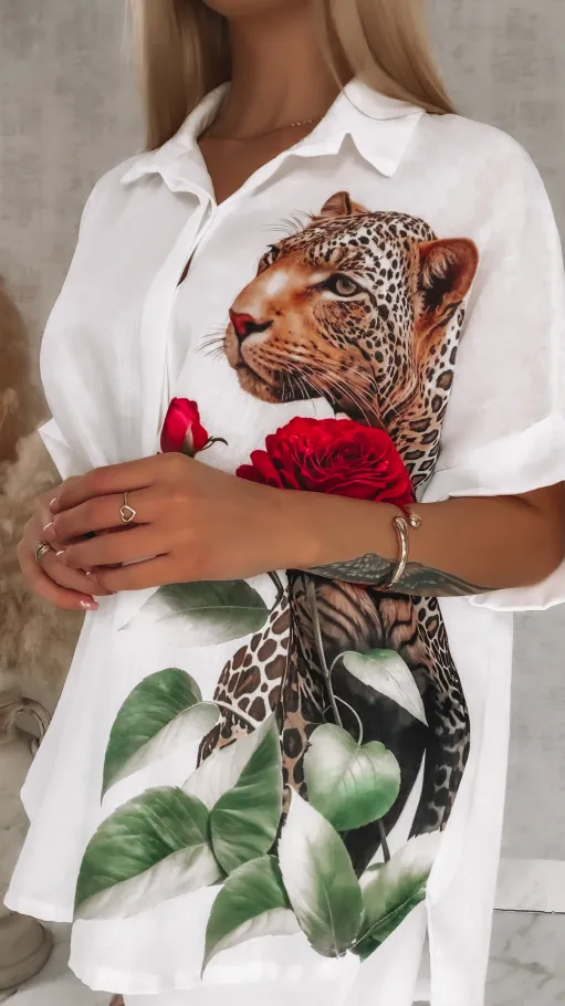 Asymetryczna biała koszula z panterą i różą ONE SIZE - R954