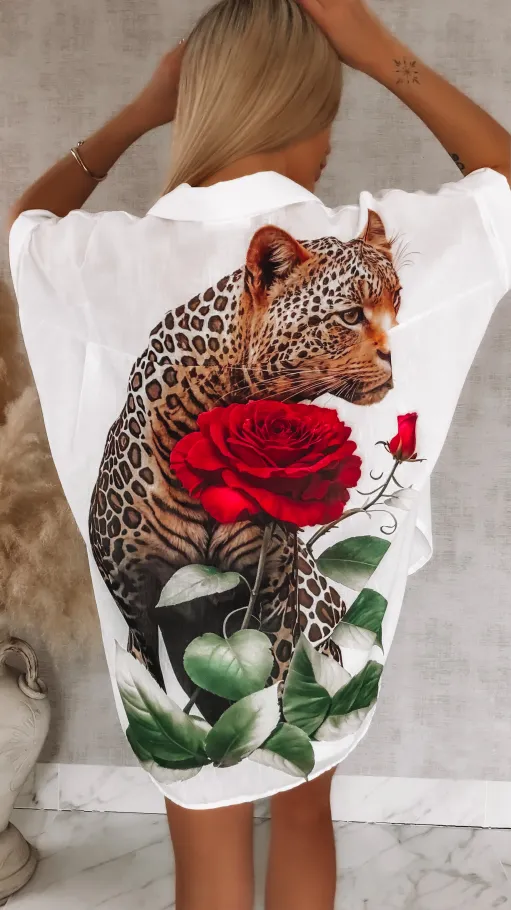 Asymetryczna biała koszula z panterą i różą ONE SIZE - R954