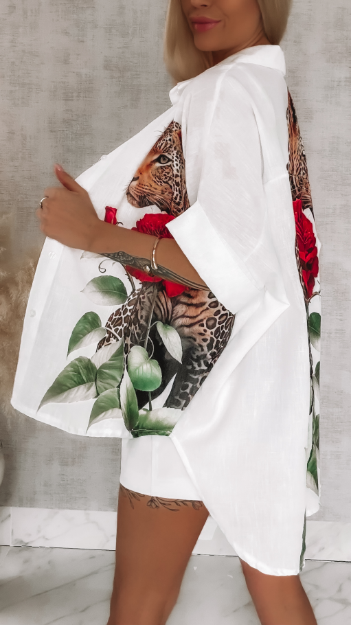 Asymetryczna biała koszula z panterą i różą ONE SIZE - R954