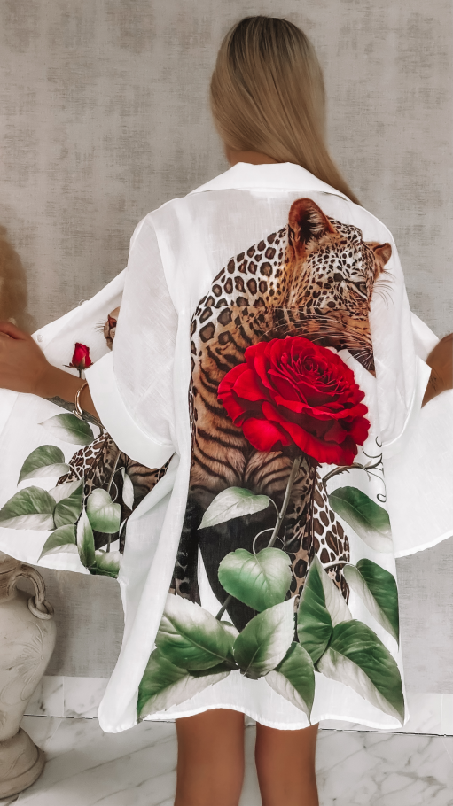 Asymetryczna biała koszula z panterą i różą ONE SIZE - R954