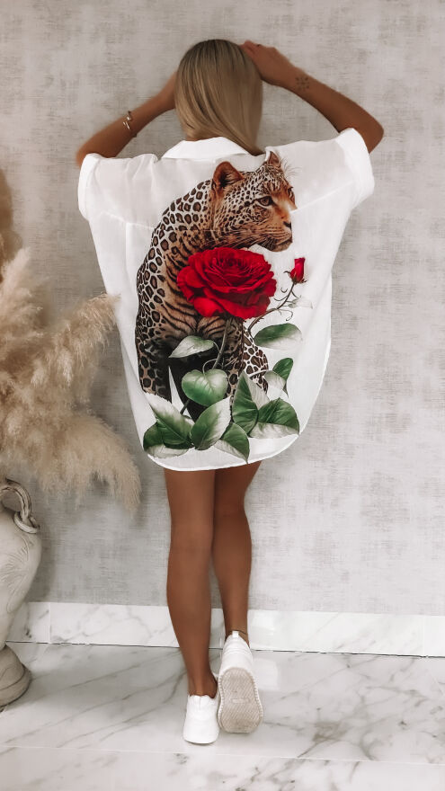 Asymetryczna biała koszula z panterą i różą ONE SIZE - R954