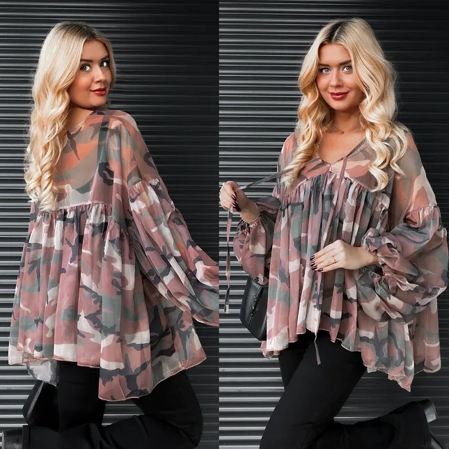 Jedwabna bluzka mgiełka moro ONE SIZE - R156