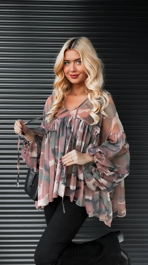 Jedwabna bluzka mgiełka moro ONE SIZE - R156