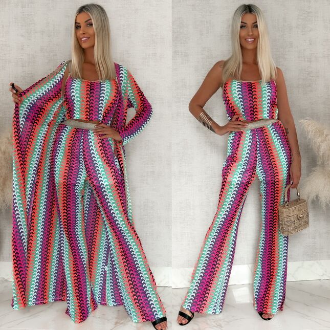 Stylowy komplet letni w kolorowe paski bluzka TOP + spodnie + maxi narzutka - S115