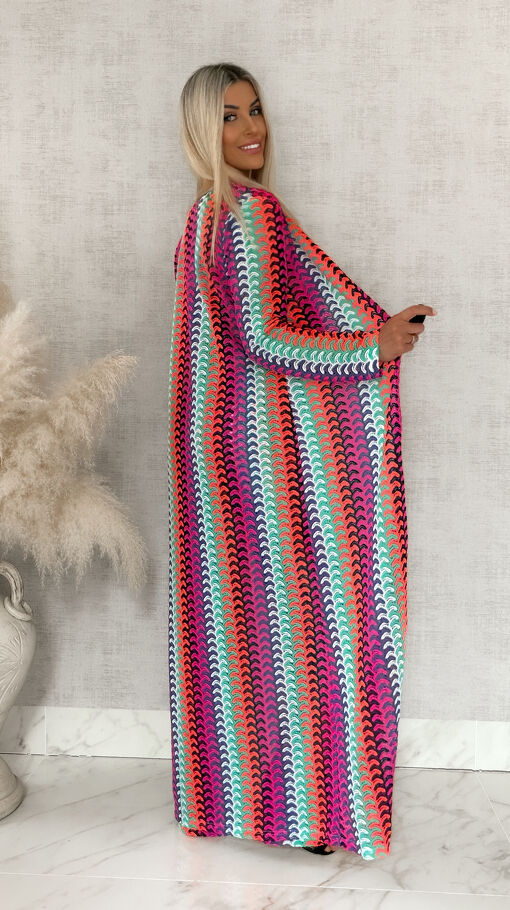 Stylowy komplet letni w kolorowe paski bluzka TOP + spodnie + maxi narzutka - S115