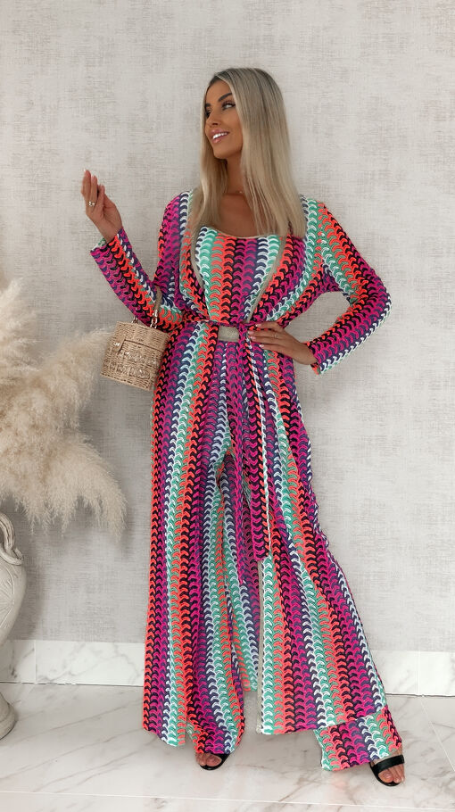 Stylowy komplet letni w kolorowe paski bluzka TOP + spodnie + maxi narzutka - S115
