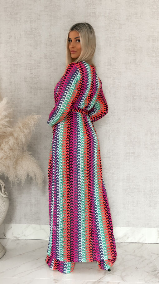 Stylowy komplet letni w kolorowe paski bluzka TOP + spodnie + maxi narzutka - S115