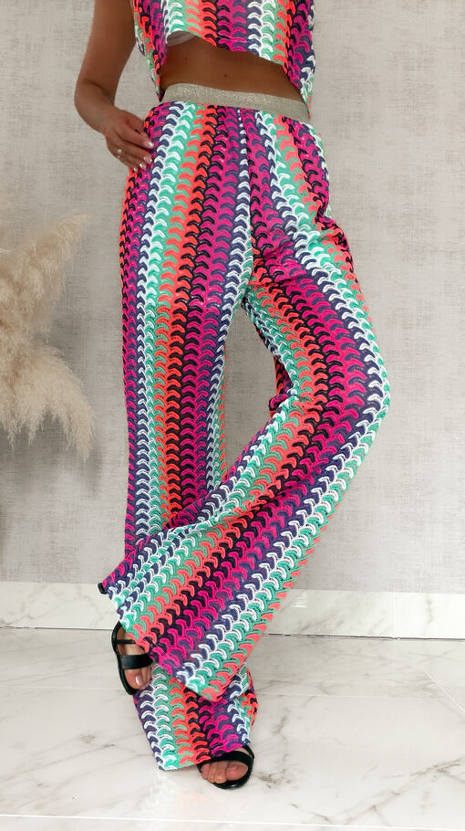 Stylowy komplet letni w kolorowe paski bluzka TOP + spodnie + maxi narzutka - S115