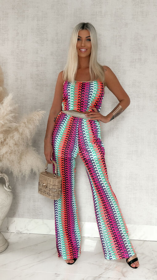 Stylowy komplet letni w kolorowe paski bluzka TOP + spodnie + maxi narzutka - S115