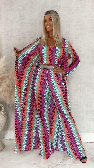 Stylowy komplet letni w kolorowe paski bluzka TOP + spodnie + maxi narzutka - S115
