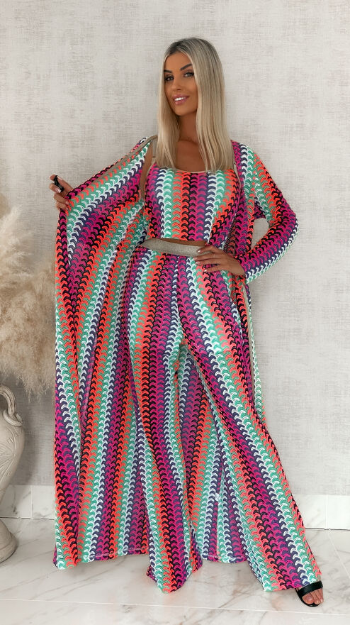 Stylowy komplet letni w kolorowe paski bluzka TOP + spodnie + maxi narzutka - S115