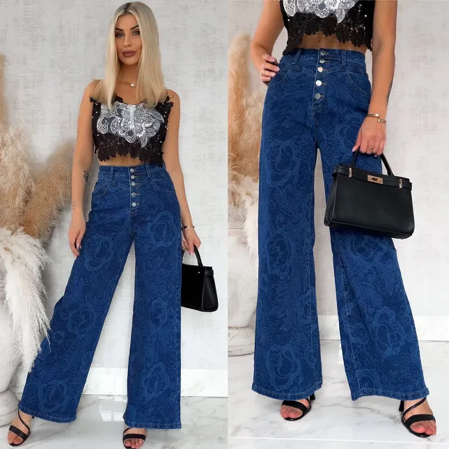 Elastyczne spodnie jeansowe w dekatyzowane kwiaty BLUE JEANS - R777