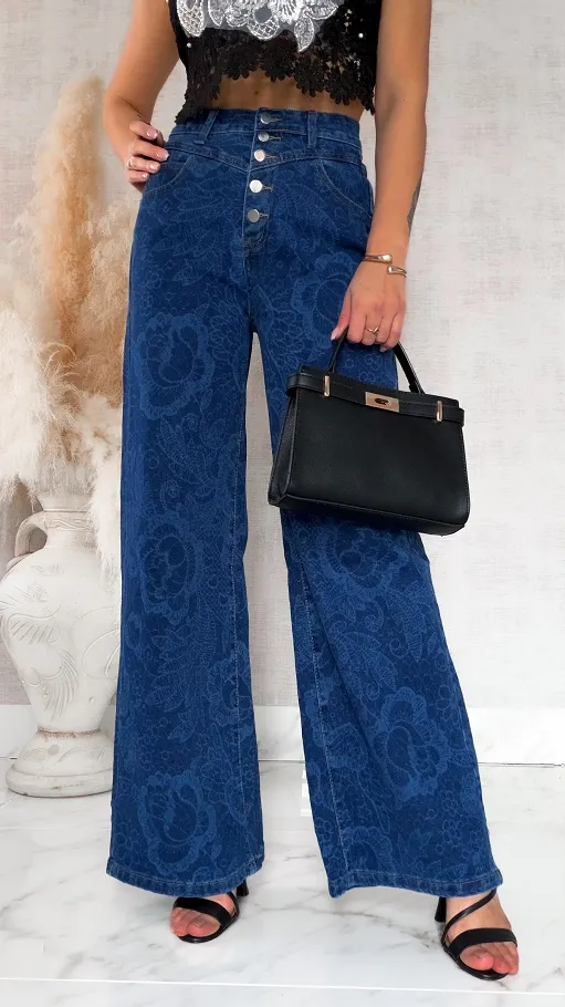 Elastyczne spodnie jeansowe w dekatyzowane kwiaty BLUE JEANS - R777