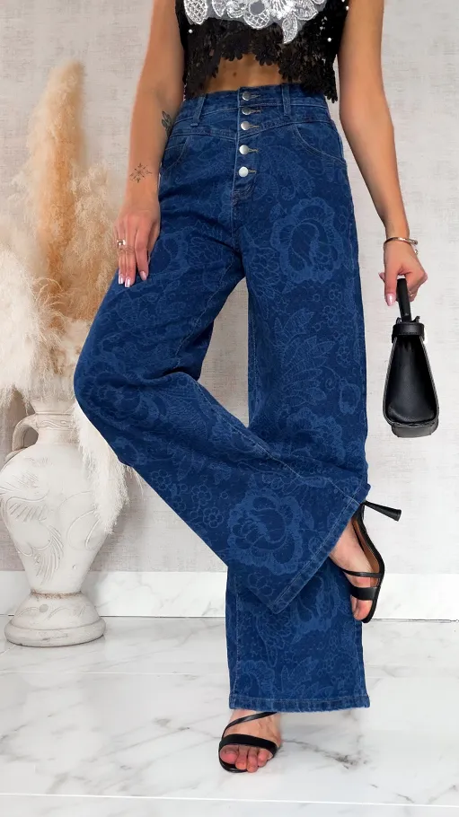 Elastyczne spodnie jeansowe w dekatyzowane kwiaty BLUE JEANS - R777