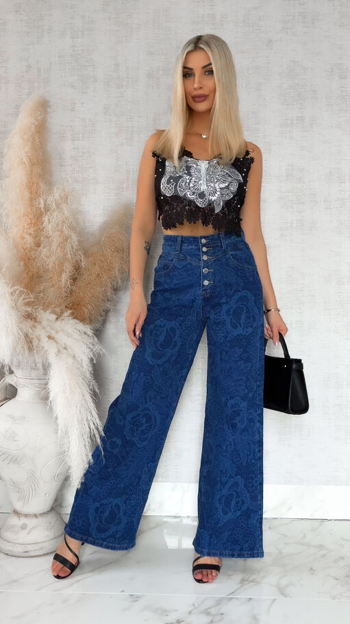 Elastyczne spodnie jeansowe w dekatyzowane kwiaty BLUE JEANS - R777