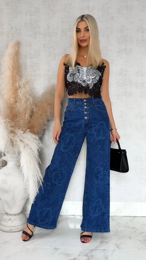Elastyczne spodnie jeansowe w dekatyzowane kwiaty BLUE JEANS - R777