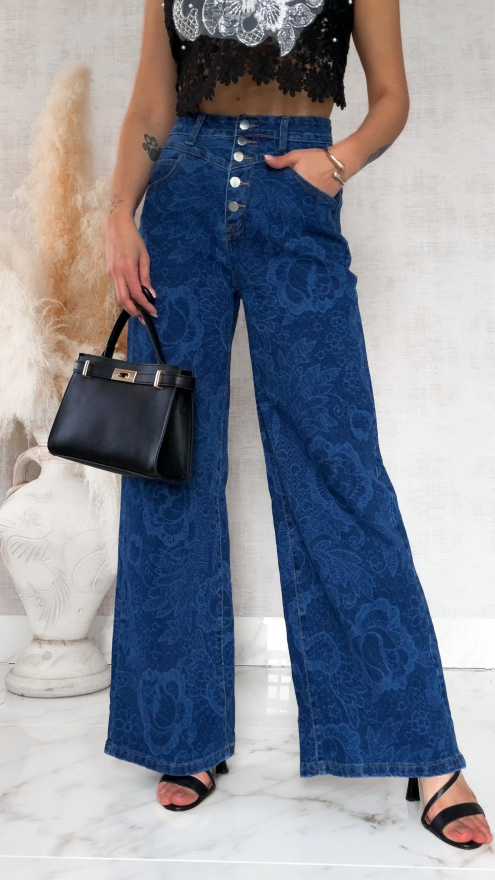 Elastyczne spodnie jeansowe w dekatyzowane kwiaty BLUE JEANS - R777