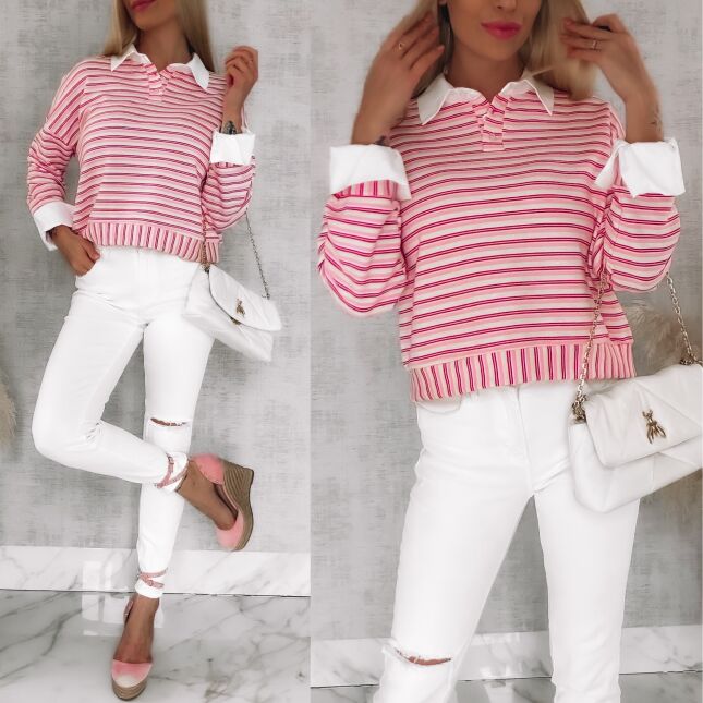 Modna bluza w różowe paski z wstawkami białej koszuli ONE SIZE - R866