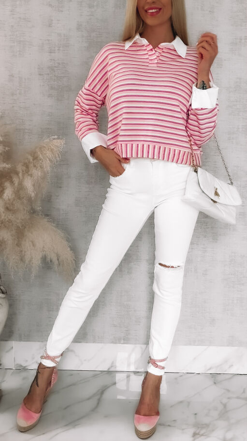 Modna bluza w różowe paski z wstawkami białej koszuli ONE SIZE - R866