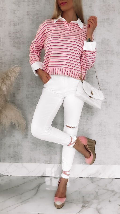 Modna bluza w różowe paski z wstawkami białej koszuli ONE SIZE - R866