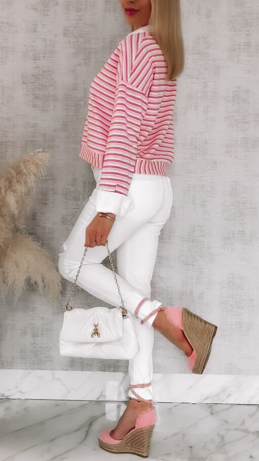 Modna bluza w różowe paski z wstawkami białej koszuli ONE SIZE - R866