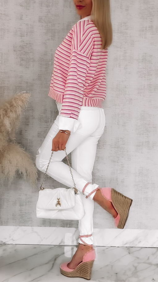 Modna bluza w różowe paski z wstawkami białej koszuli ONE SIZE - R866